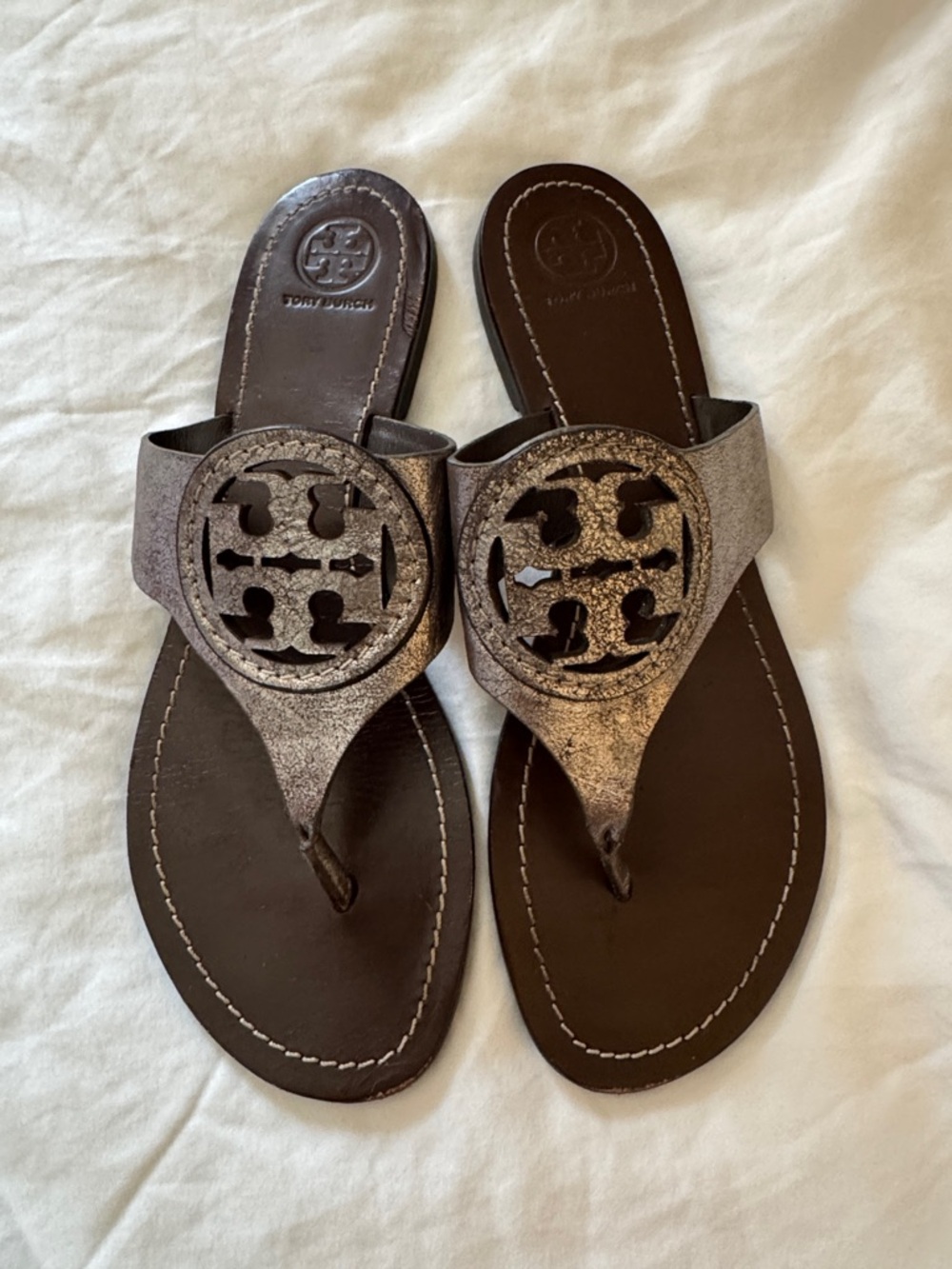 Tory Burch Metallic Bronze Logo Thong Sandals